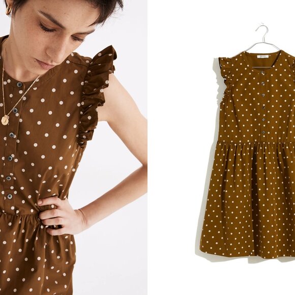 MADEWELL ruffle-sleeve button-front mini dress in polka dot (sz2) - Picture 2 of 14